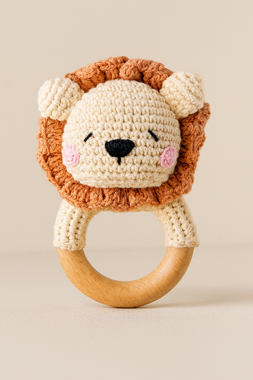 Ollie the Lion wooden baby rattle