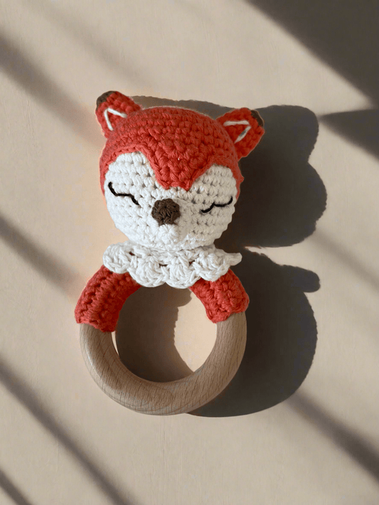 Ginger Fox wooden baby rattle - Tiny Yarns