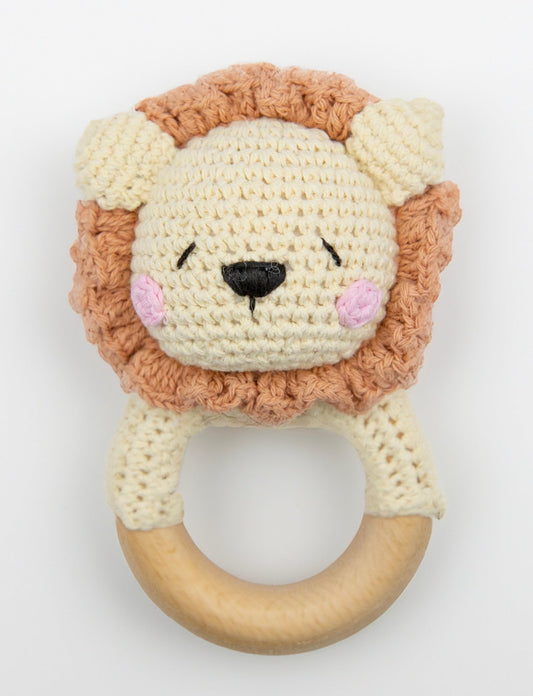 Ollie the lion wooden baby rattle - Tiny Yarns